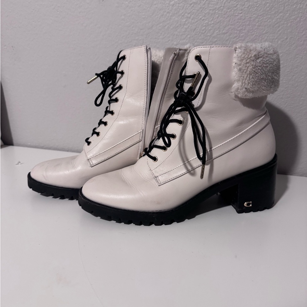 Women's White Lace-Up Coach Ankle Boots - Picture 1 of 3